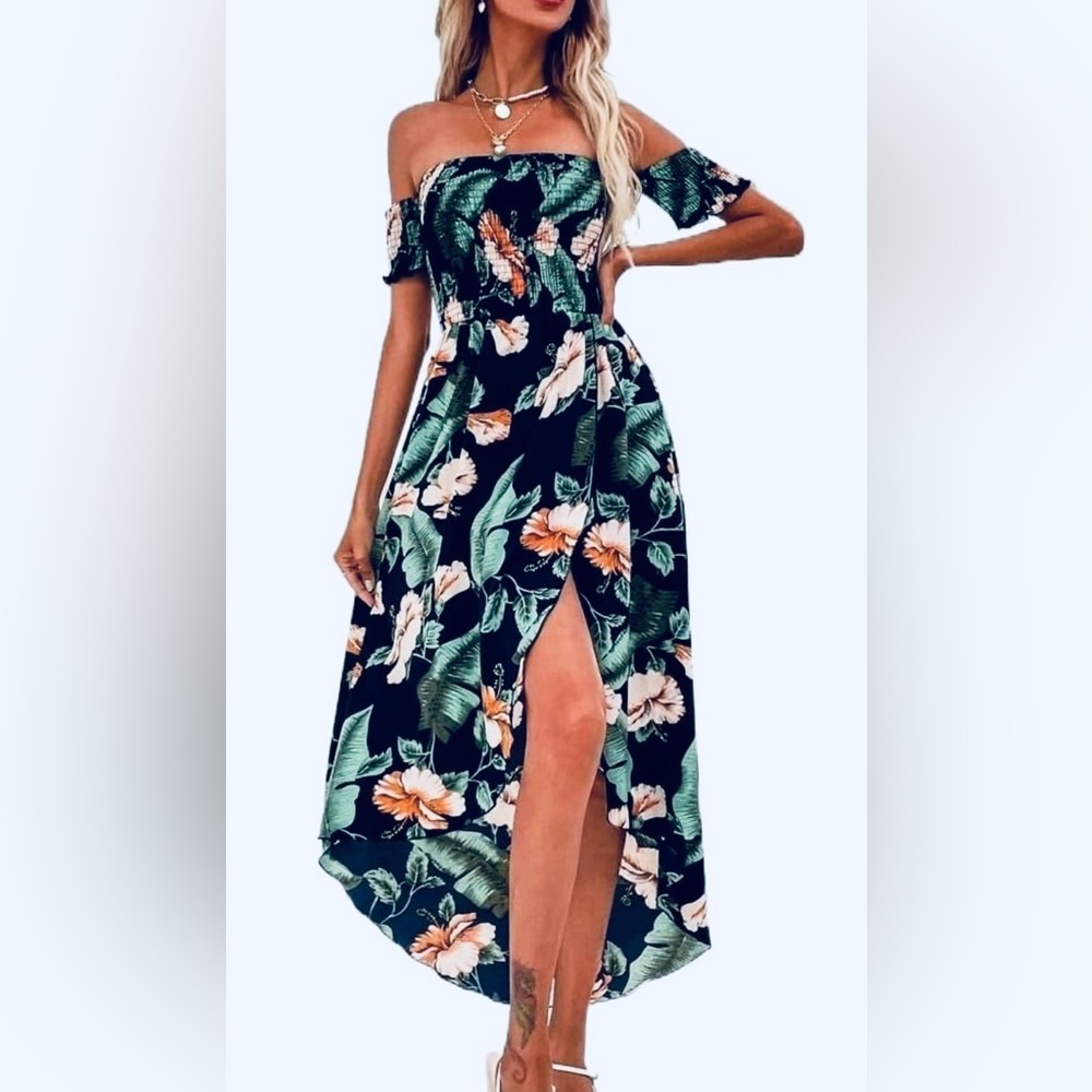 SHEIN Floral Print Dress with Peach and Green on a Deep Navy Blue Background……..